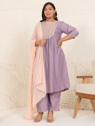 Lavender Chinnon Yoke Embroidered Suit Set with Nazneen Dupatta