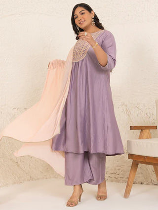 Lavender Chinnon Yoke Embroidered Suit Set with Nazneen Dupatta