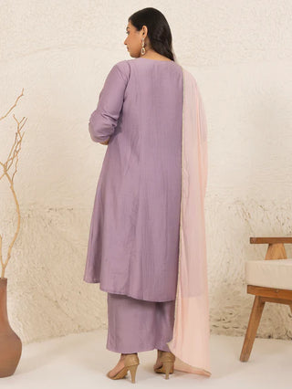 Lavender Chinnon Yoke Embroidered Suit Set with Nazneen Dupatta