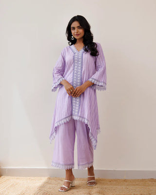 Lavender Mul-Mul Co-Ord Set With Lace Work