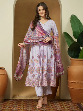 Lavender Cotton Blend Ethnic Motif Printed Anarkali Shape Suit Set with Chanderi Blend Dupatta