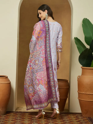 Lavender Cotton Blend Ethnic Motif Printed Anarkali Shape Suit Set with Chanderi Blend Dupatta