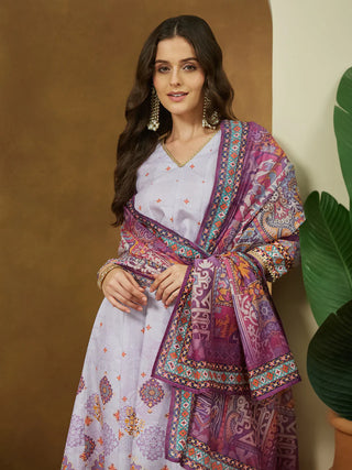 Lavender Cotton Blend Ethnic Motif Printed Anarkali Shape Suit Set with Chanderi Blend Dupatta