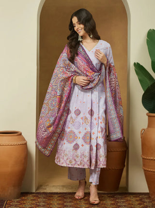 Lavender Cotton Blend Ethnic Motif Printed Anarkali Shape Suit Set with Chanderi Blend Dupatta