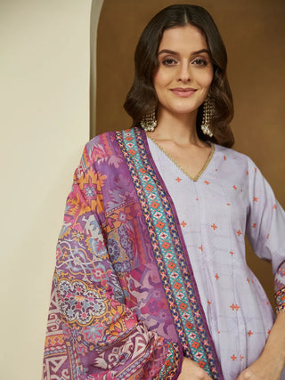 Lavender Cotton Blend Ethnic Motif Printed Anarkali Shape Suit Set with Chanderi Blend Dupatta