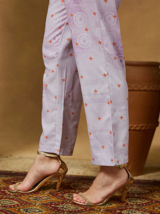 Lavender Cotton Blend Ethnic Motif Printed Anarkali Shape Suit Set with Chanderi Blend Dupatta