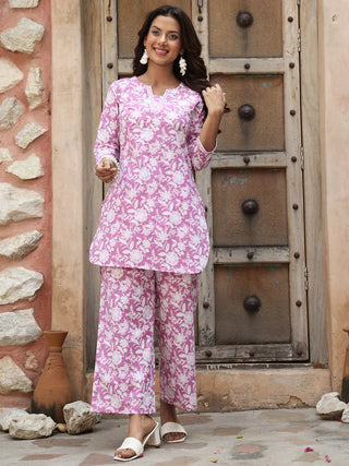 Lavender Pure Cotton Floral Printed Co-Ord Set