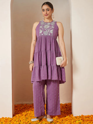 Lavender Georgette Yoke Embroidered & Foil Print Tiered Kurta Palazzo Set