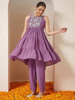 Lavender Georgette Yoke Embroidered & Foil Print Tiered Kurta Palazzo Set