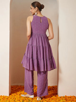 Lavender Georgette Yoke Embroidered & Foil Print Tiered Kurta Palazzo Set