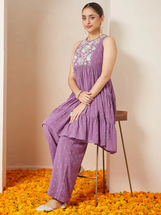 Lavender Georgette Yoke Embroidered & Foil Print Tiered Kurta Palazzo Set
