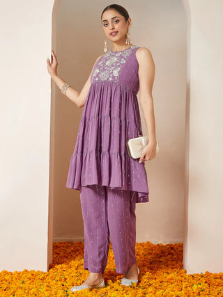 Lavender Georgette Yoke Embroidered & Foil Print Tiered Kurta Palazzo Set