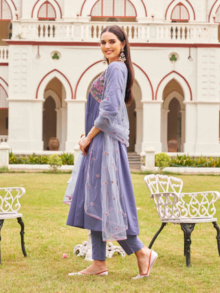 Lavender Cotton Blend Thread Embroidered A Line Alia Cut Suit Set with Net Dupatta