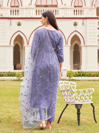 Lavender Cotton Blend Thread Embroidered A Line Alia Cut Suit Set with Net Dupatta