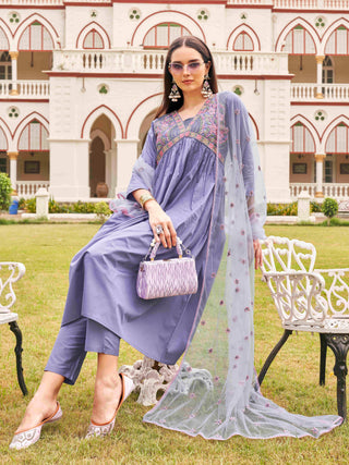 Lavender Cotton Blend Thread Embroidered A Line Alia Cut Suit Set with Net Dupatta