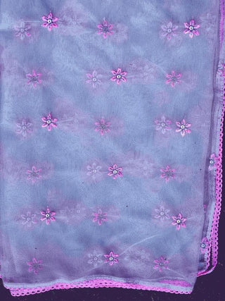 Lavender Cotton Blend Thread Embroidered A Line Alia Cut Suit Set with Net Dupatta