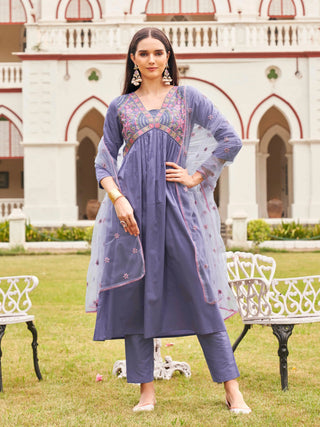 Lavender Cotton Blend Thread Embroidered A Line Alia Cut Suit Set with Net Dupatta