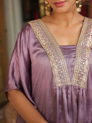 Lavender Silk Blend Yoke Embroidered Kaftan Co-Ord Set