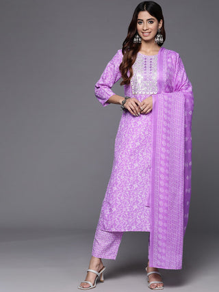 Lavender Cotton Floral Print & Embroidered Suit Set with Dupatta