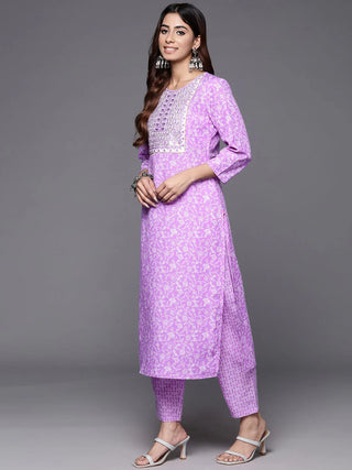 Lavender Cotton Floral Print & Embroidered Suit Set with Dupatta