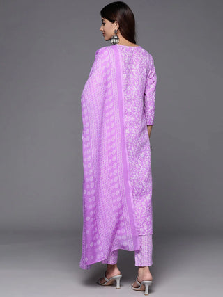 Lavender Cotton Floral Print & Embroidered Suit Set with Dupatta