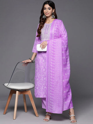 Lavender Cotton Floral Print & Embroidered Suit Set with Dupatta