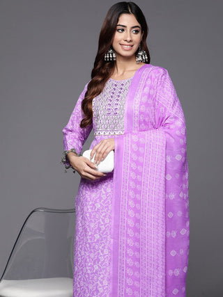 Lavender Cotton Floral Print & Embroidered Suit Set with Dupatta