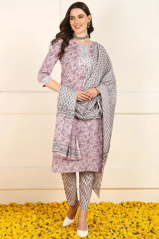 Lavender Cotton Floral Print Straight Shape Suit Set with Dupatta