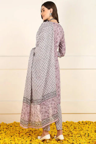 Lavender Cotton Floral Print Straight Shape Suit Set with Dupatta