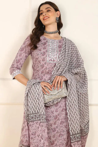 Lavender Cotton Floral Print Straight Shape Suit Set with Dupatta