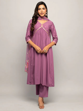 Lavender Crepe A Line Foil Print Suit Set with Organza Dupatta