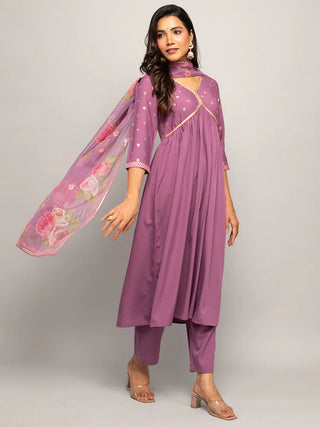 Lavender Crepe A Line Foil Print Suit Set with Organza Dupatta