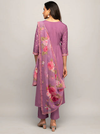 Lavender Crepe A Line Foil Print Suit Set with Organza Dupatta