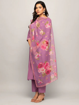 Lavender Crepe A Line Foil Print Suit Set with Organza Dupatta