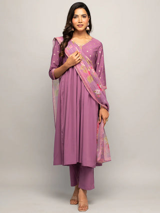 Lavender Crepe A Line Foil Print Suit Set with Organza Dupatta