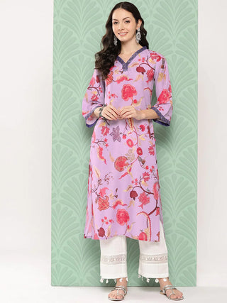 Lavender Floral Printed Kurta With Sequins Detailing