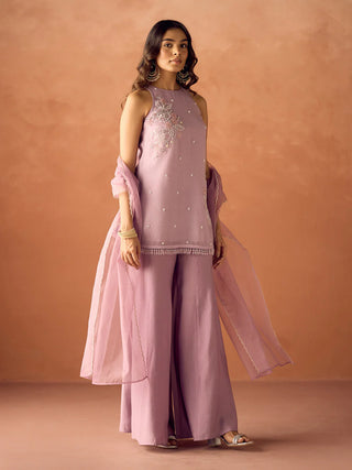 Lavender Crush Organza Hand Work Embroidered Suit Set with Dupatta