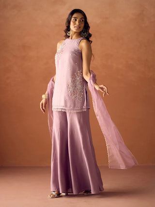 Lavender Crush Organza Hand Work Embroidered Suit Set with Dupatta