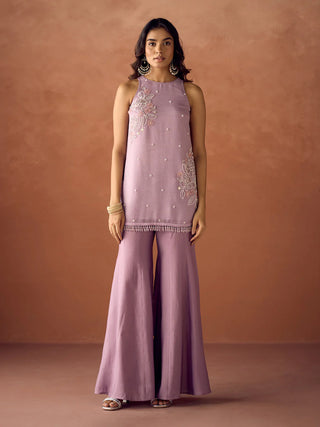 Lavender Crush Organza Hand Work Embroidered Suit Set with Dupatta