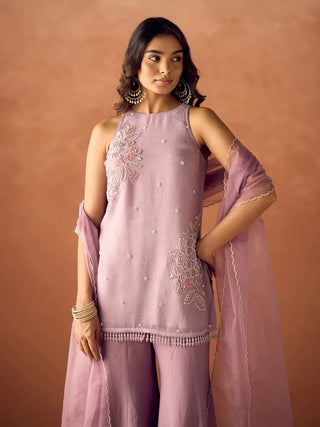 Lavender Crush Organza Hand Work Embroidered Suit Set with Dupatta
