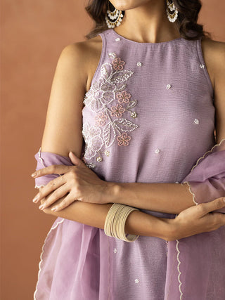 Lavender Crush Organza Hand Work Embroidered Suit Set with Dupatta