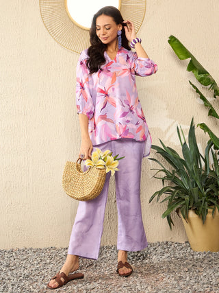 Lavender Cotton Blend Floral Print Co-Ord Set