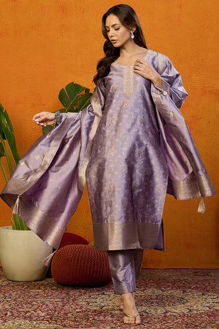 Lavender Silk Blend Ethnic Motif Printed Suit Set with Dupatta