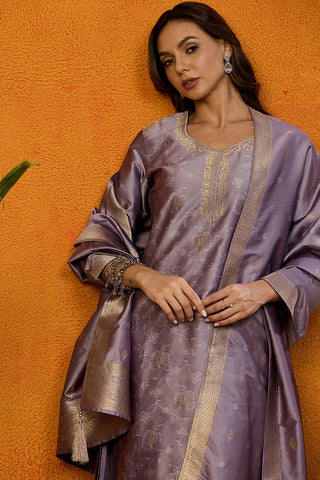 Lavender Silk Blend Ethnic Motif Printed Suit Set with Dupatta