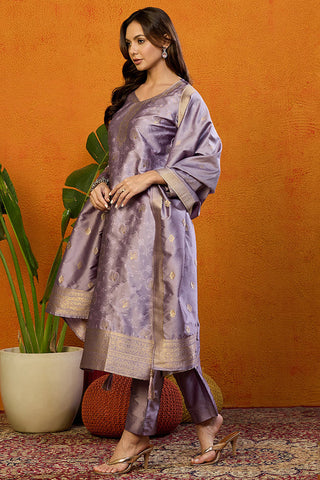 Lavender Silk Blend Ethnic Motif Printed Suit Set with Dupatta