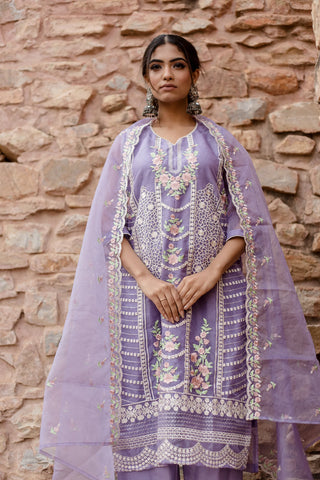 Lavender Embroidered Kuta Set With Chanderi Dupatta