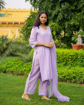 Lavender Cotton Minimal Thread Embroidered Suit Set with Organza Dupatta