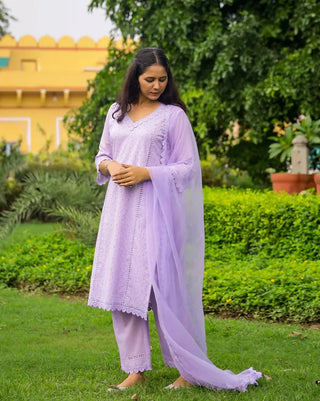 Lavender Cotton Minimal Thread Embroidered Suit Set with Organza Dupatta