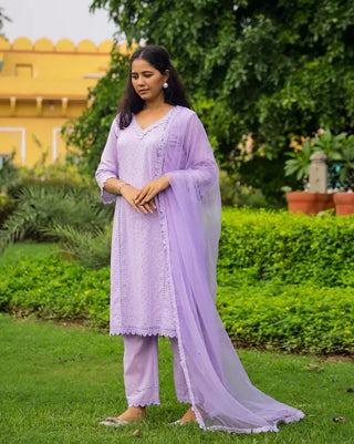Lavender Cotton Minimal Thread Embroidered Suit Set with Organza Dupatta