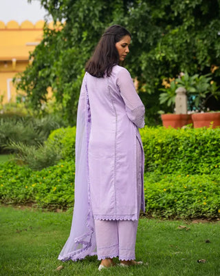 Lavender Cotton Minimal Thread Embroidered Suit Set with Organza Dupatta